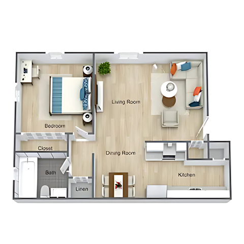 A floor plan of a house showing a living room, dining room, kitchen, and bedrooms.